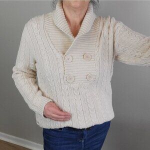 Beige Chunky Cable Knit Sweater Oversized Collar L